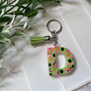 New Monogram 'D' Keychain with Neon Polka Dot Design - Pink & Green